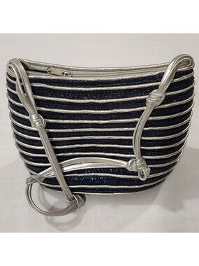 Worthington Straw Woven Shoulder Bag Purse Handbag Blue Silver Stripe Lined